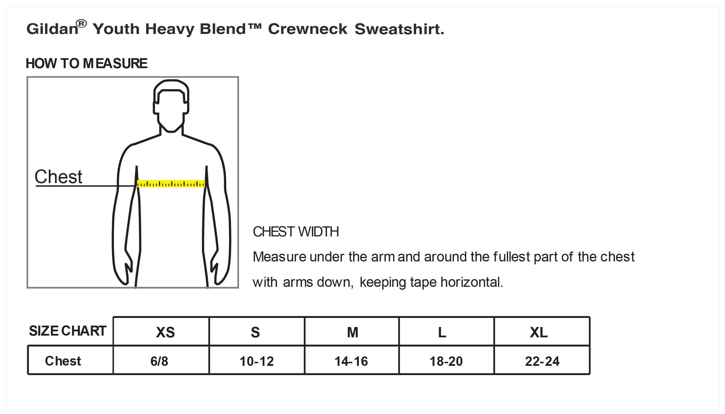 Old Dominion University, Full Logo, Nurse Anesthesia, Youth Heavy Blend™ Crewneck Sweatshirt - Size Chart
