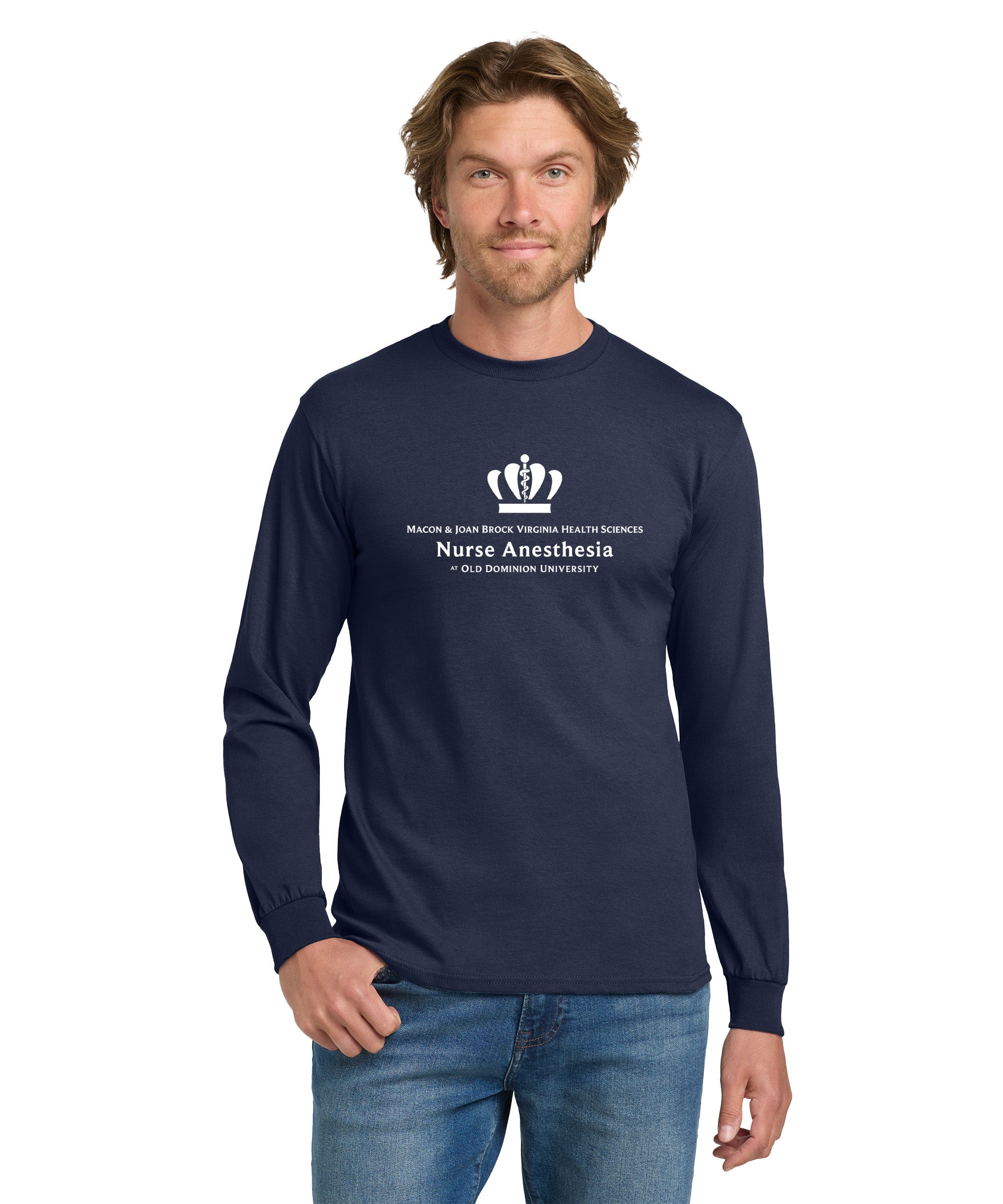 Old Dominion University, Full Logo, Nurse Anesthesia, Heavy Cotton™ 100% Cotton Long Sleeve T-Shirt - Navy