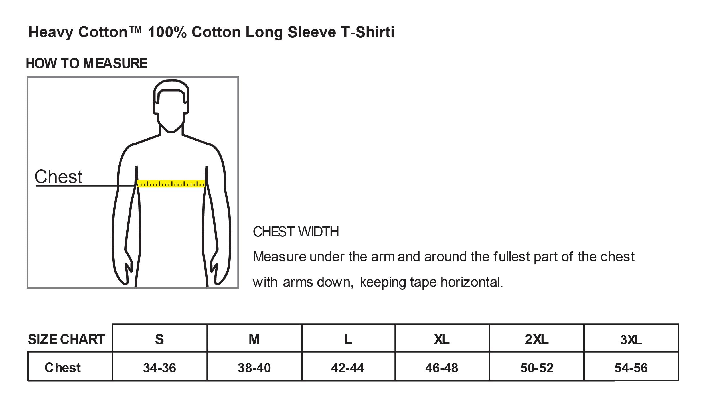 Old Dominion University, Full Logo, Nurse Anesthesia, Heavy Cotton™ 100% Cotton Long Sleeve T-Shirt - Size Chart