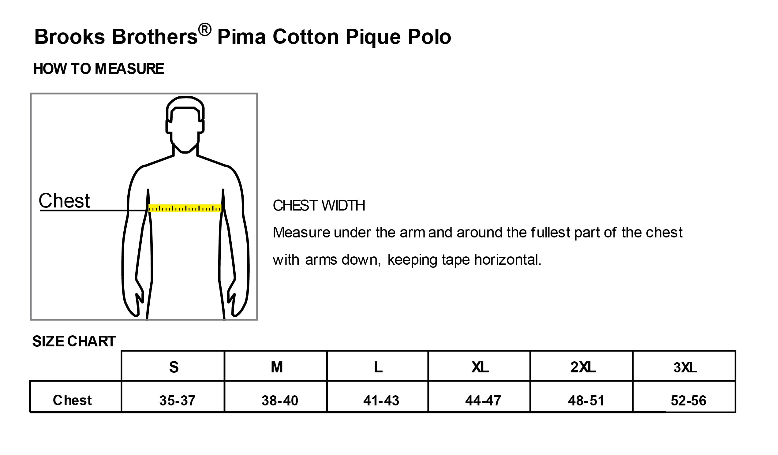 Old Dominion University, ODU Vintage Logo10, Brooks Brothers® Pima Cotton Pique Polo - Size Chart