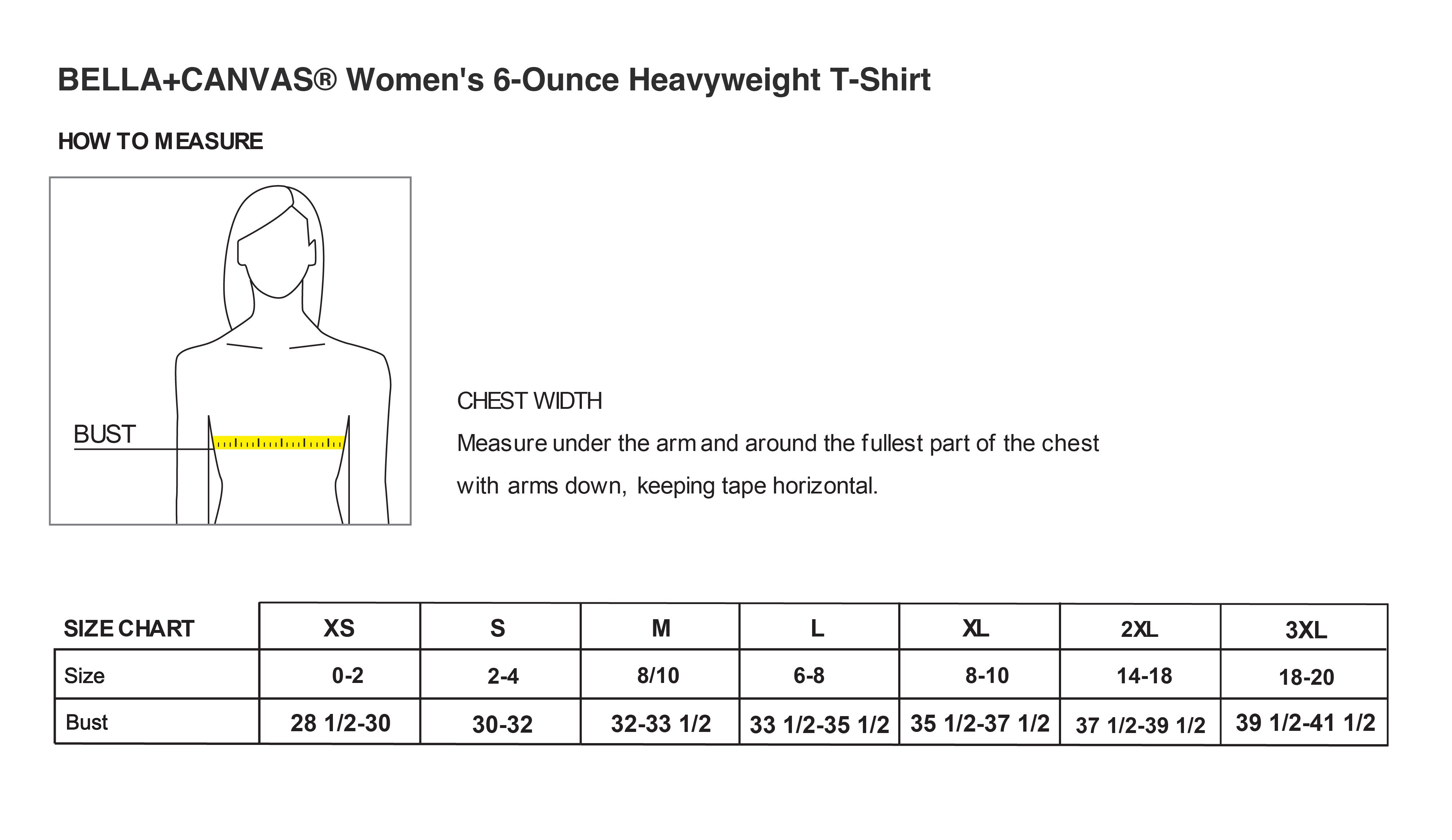 Old Dominion University, ODU Military, BELLA+CANVAS® Women’s 6-Ounce Heavyweight T-Shirt - Size Chart