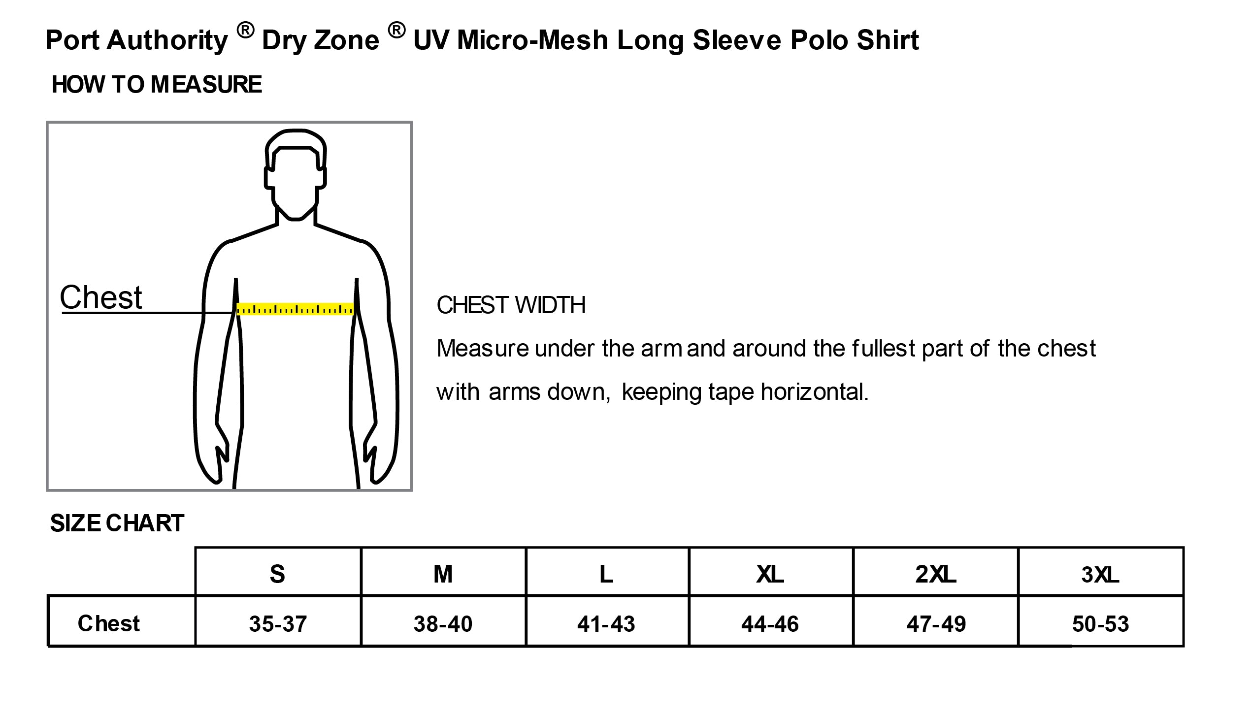 ODU UV Micro-Mesh Long Sleeve Polo Shirt- Size Chart