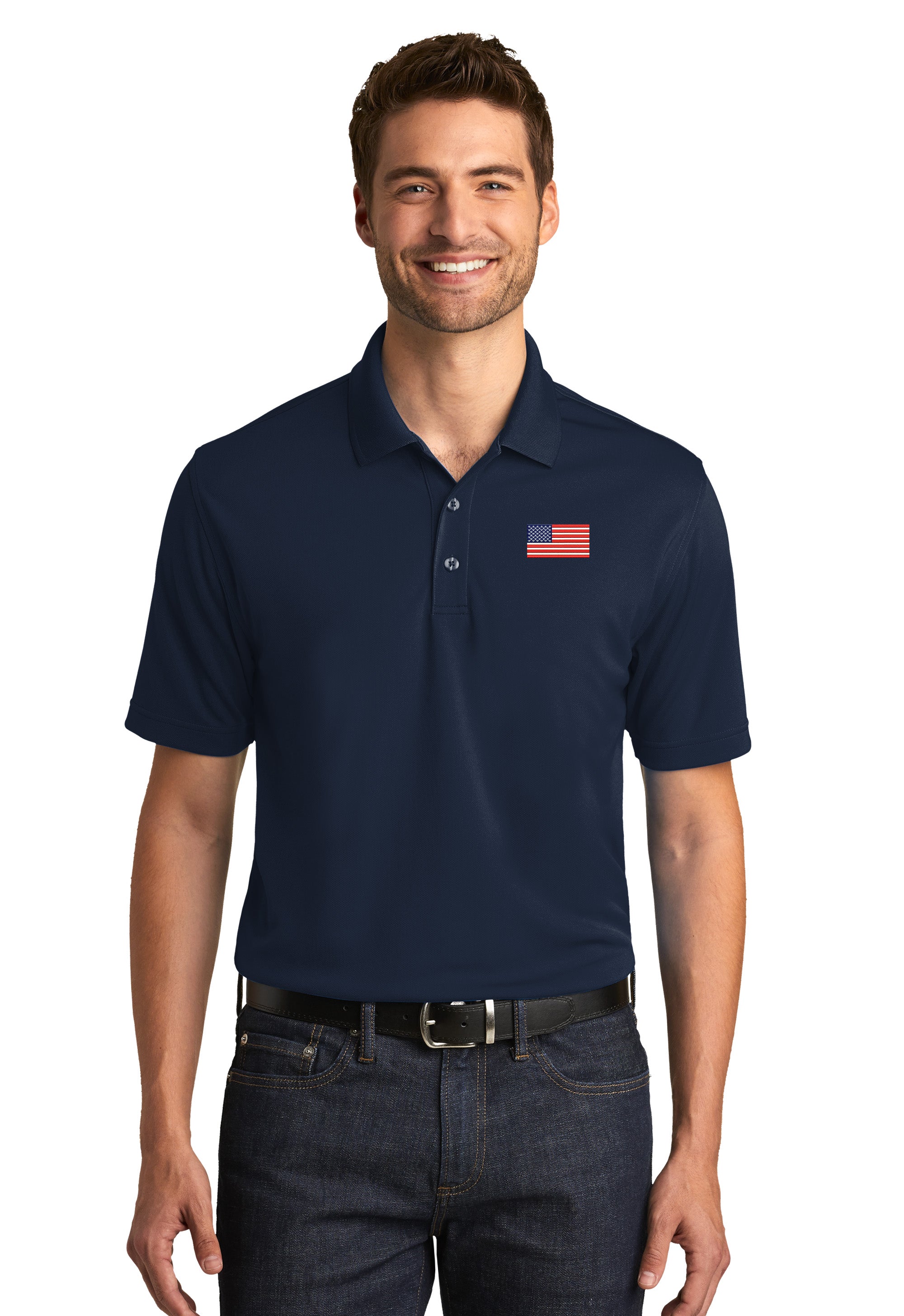 American Flag UV Micro-Mesh Polo Shirt- Navy