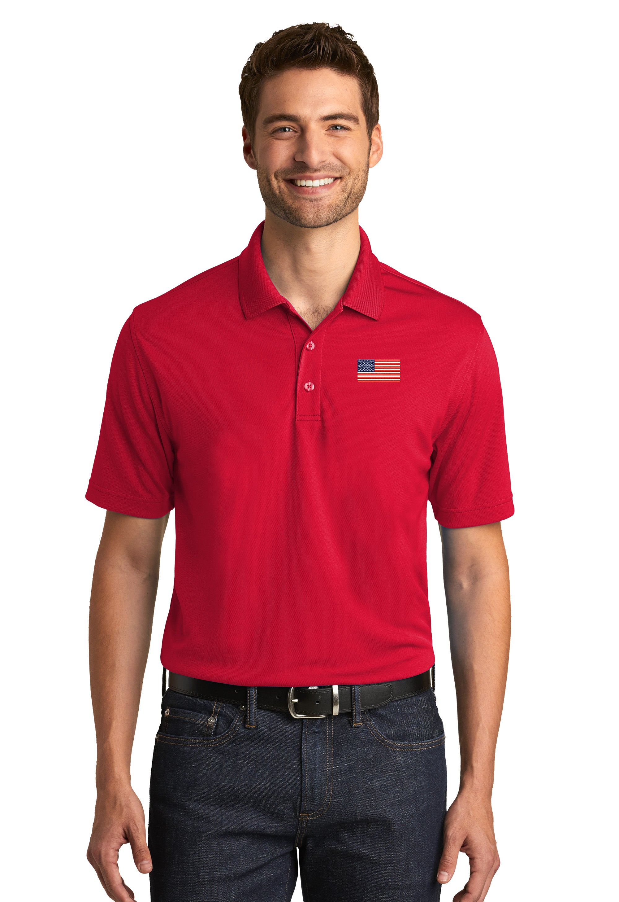 American Flag UV Micro-Mesh Polo Shirt- Red