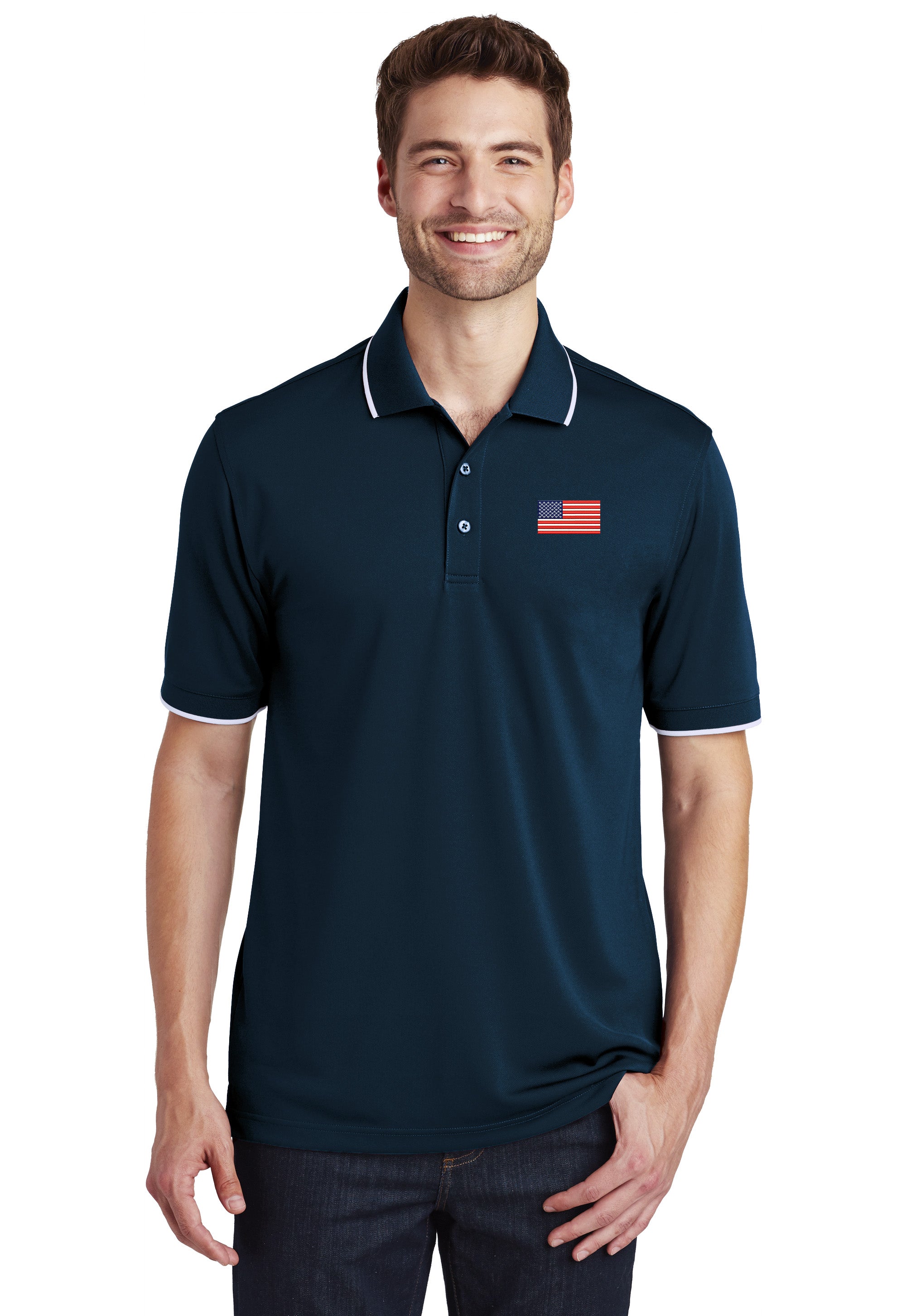 American Flag, Dry Zone® UV Micro-Mesh Tipped Polo - Navy