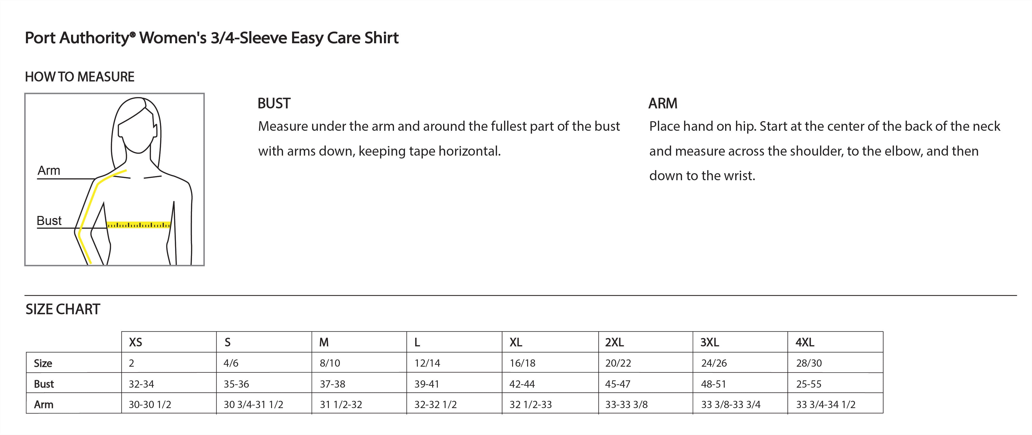 Old Dominion University, Nurse Anesthesia, Women's 3/4-Sleeve Easy Care Shirt - Size Chart
