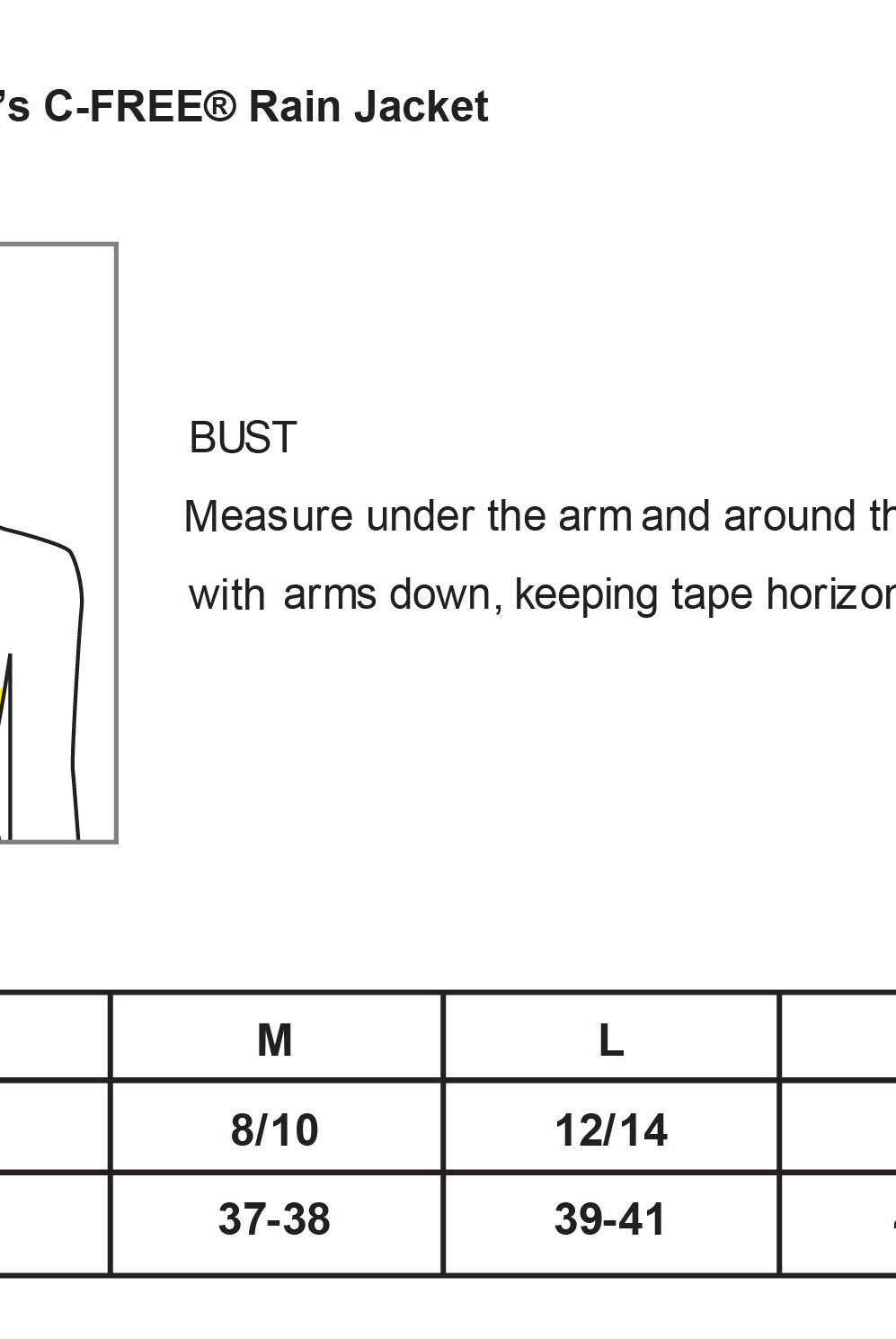 Old Dominion University, Club Sports - Volleyball, Women’s C-FREE® Rain Jacket - Size Chart