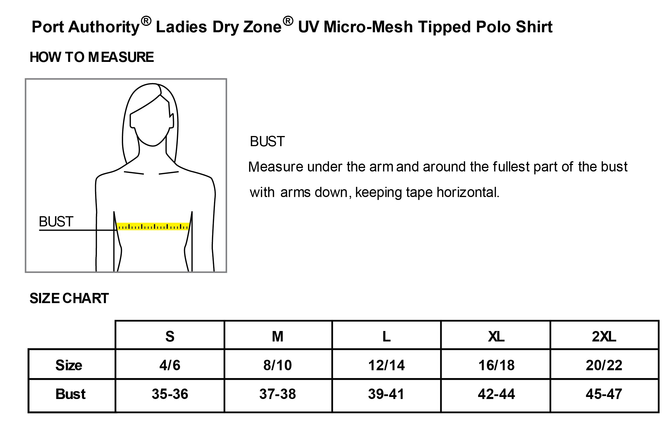 Old Dominion University, ODU, Vintage8 logo, Alumni, Port Authority® Ladies Dry Zone® UV Micro-Mesh Tipped Polo Shirt - Size Chart