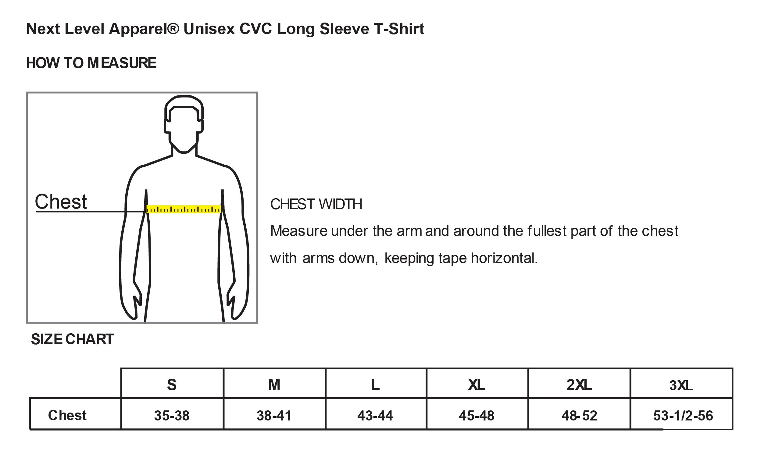 Old Dominion University, Full Logo, Nurse Anesthesia, Next Level Apparel® Unisex CVC Long Sleeve Tee - Size Chart