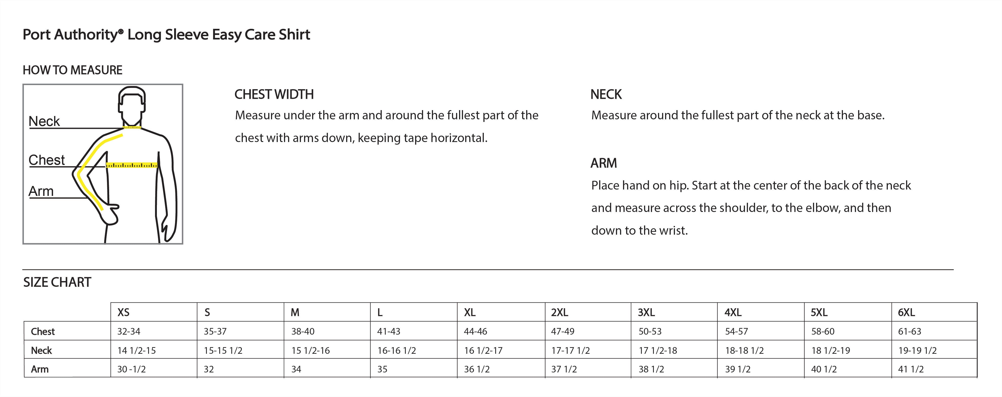 Old Dominion University, Nurse Anesthesia, Port Authority® Long Sleeve Easy Care Shirt - Size Chart