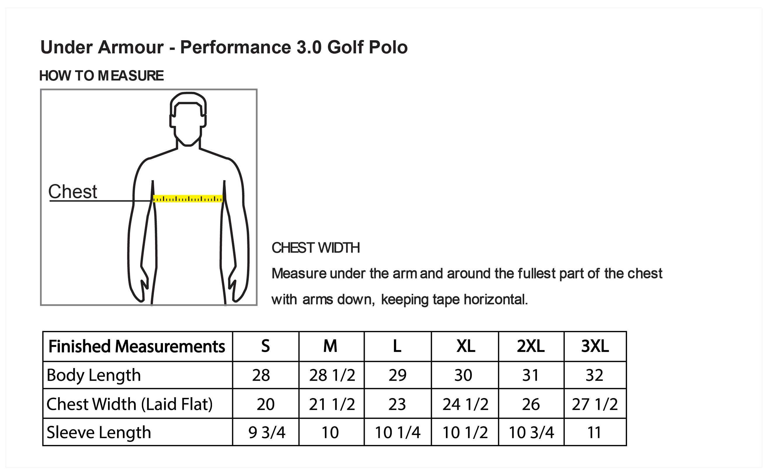 Old Dominion University, ODU Military - Army ROTC, Under Armour - Performance 3.0 Golf Polo - Size Chart