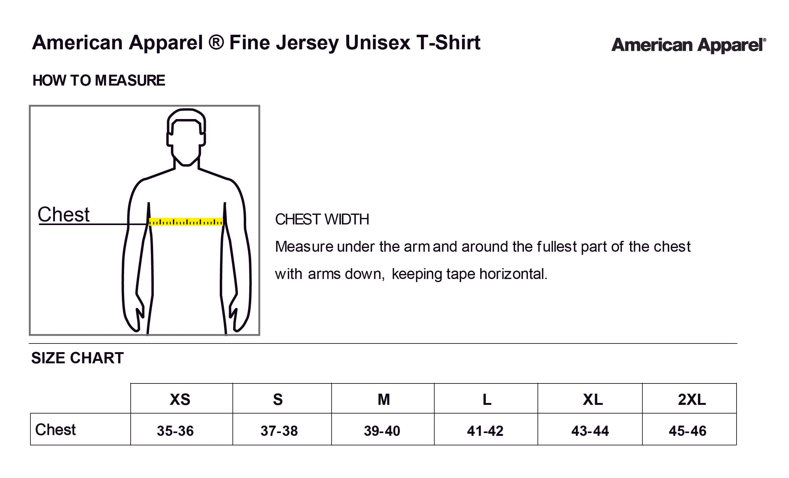 Old Dominion University, ODU Military, American Apparel® Fine Jersey Unisex T-Shirt - Size Chart