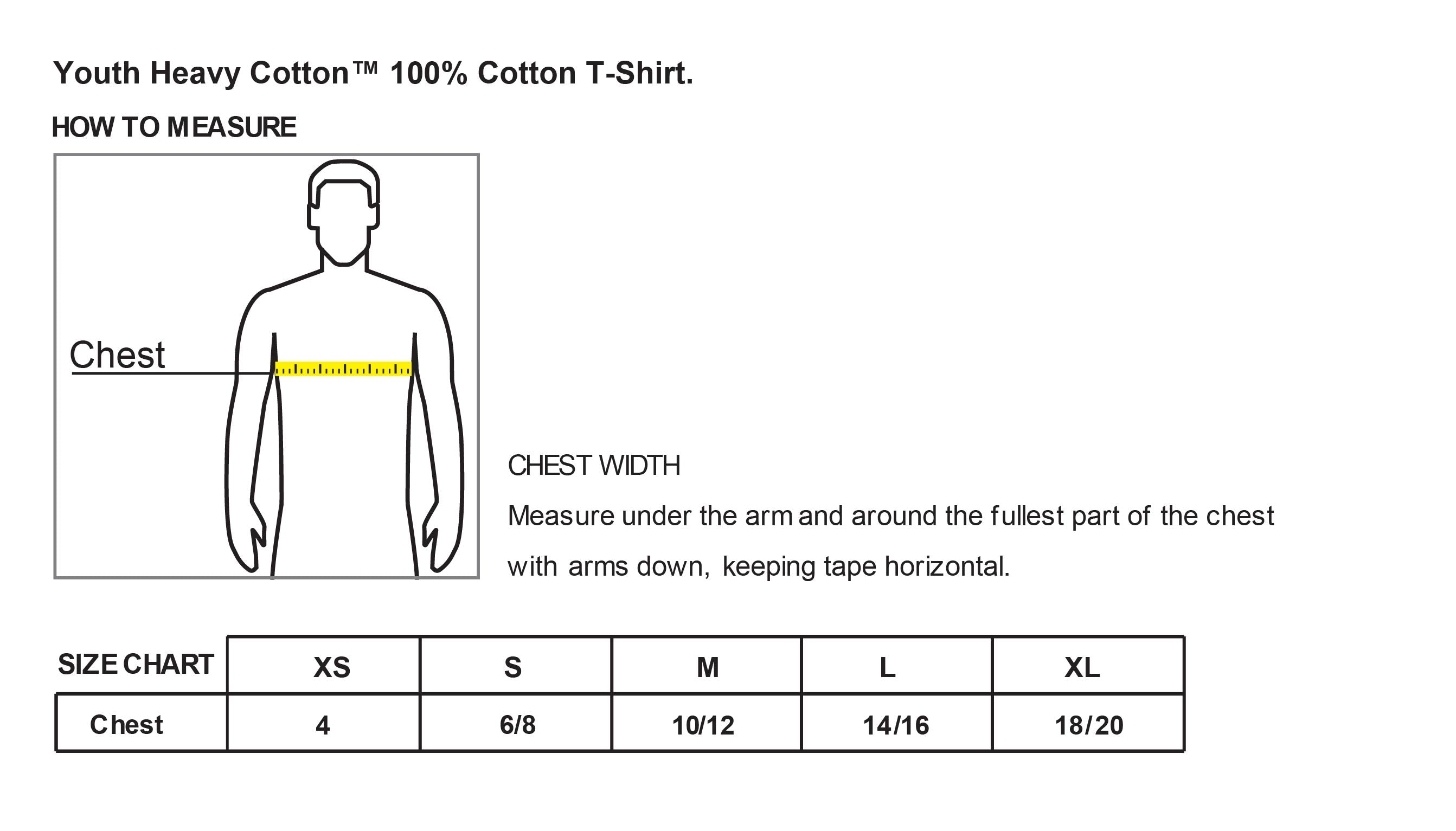 Old Dominion University, Full Logo, Nurse Anesthesia, Youth Heavy Cotton™ 100% Cotton T-Shirt - Size Chart