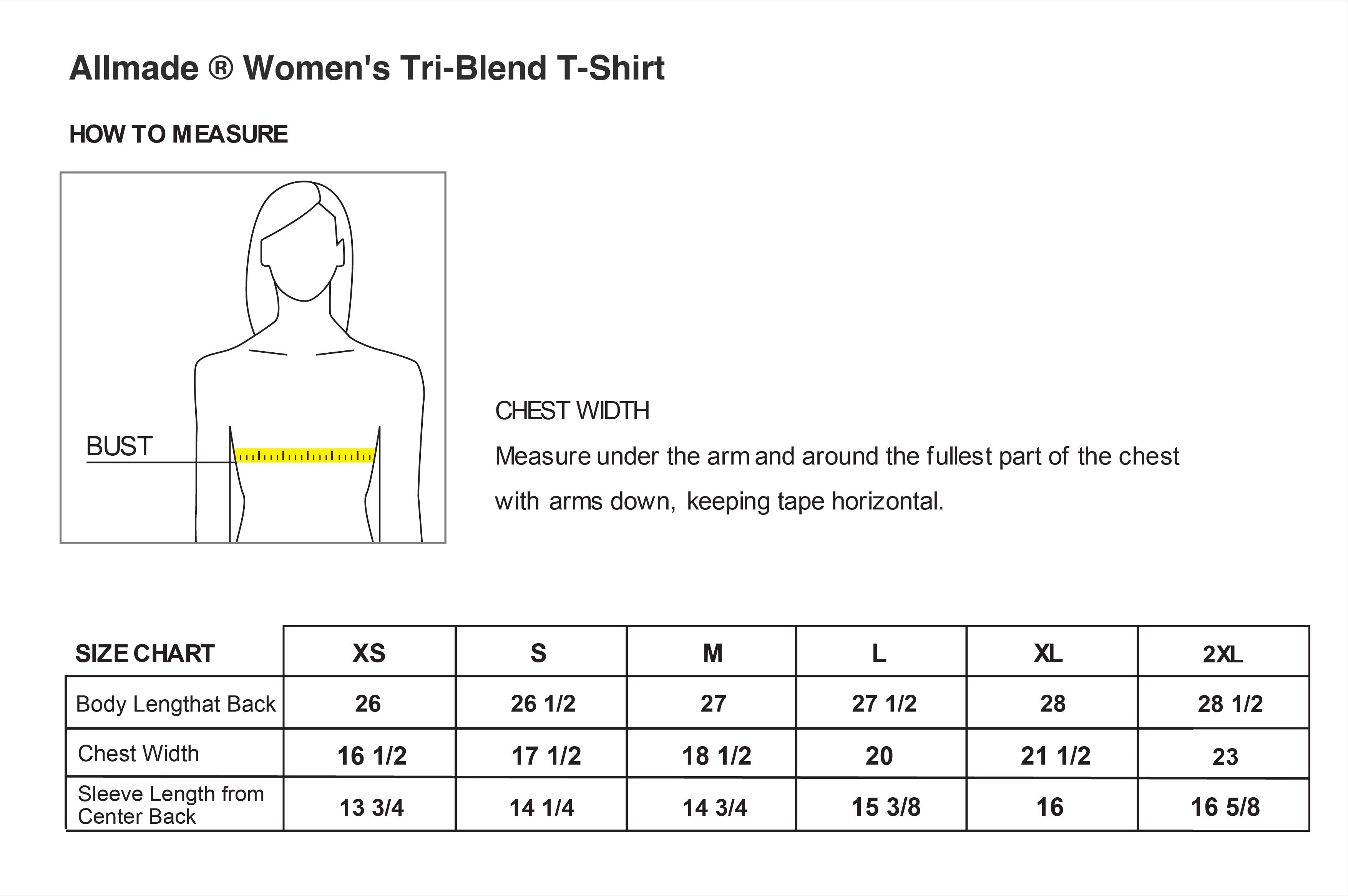 American Flag, Women’s Tri-Blend T-Shirt - Size Chart