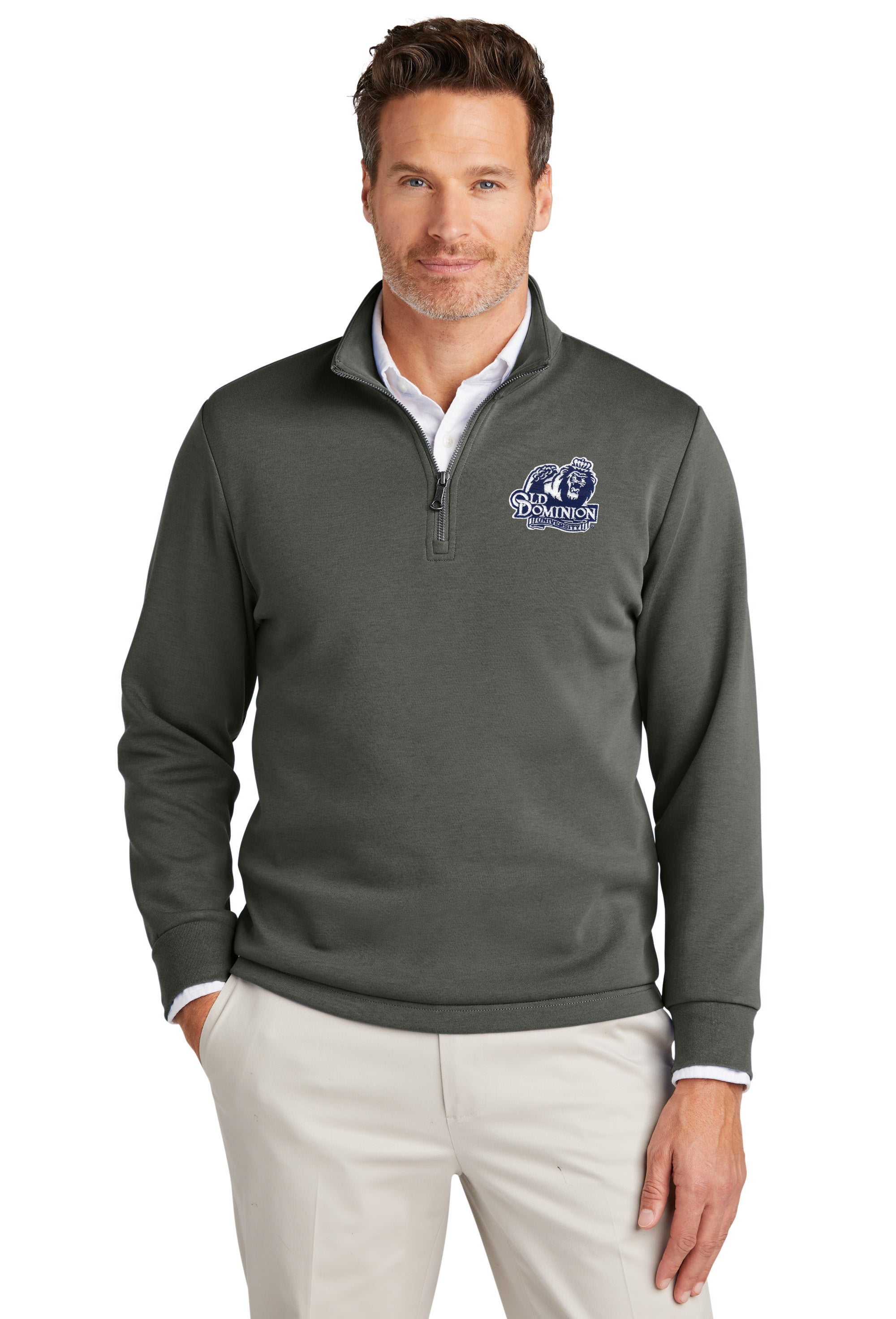 Old Dominion University, Brooks Brothers® Double-Knit 1/4-Zip Sweater- Windsor Grey