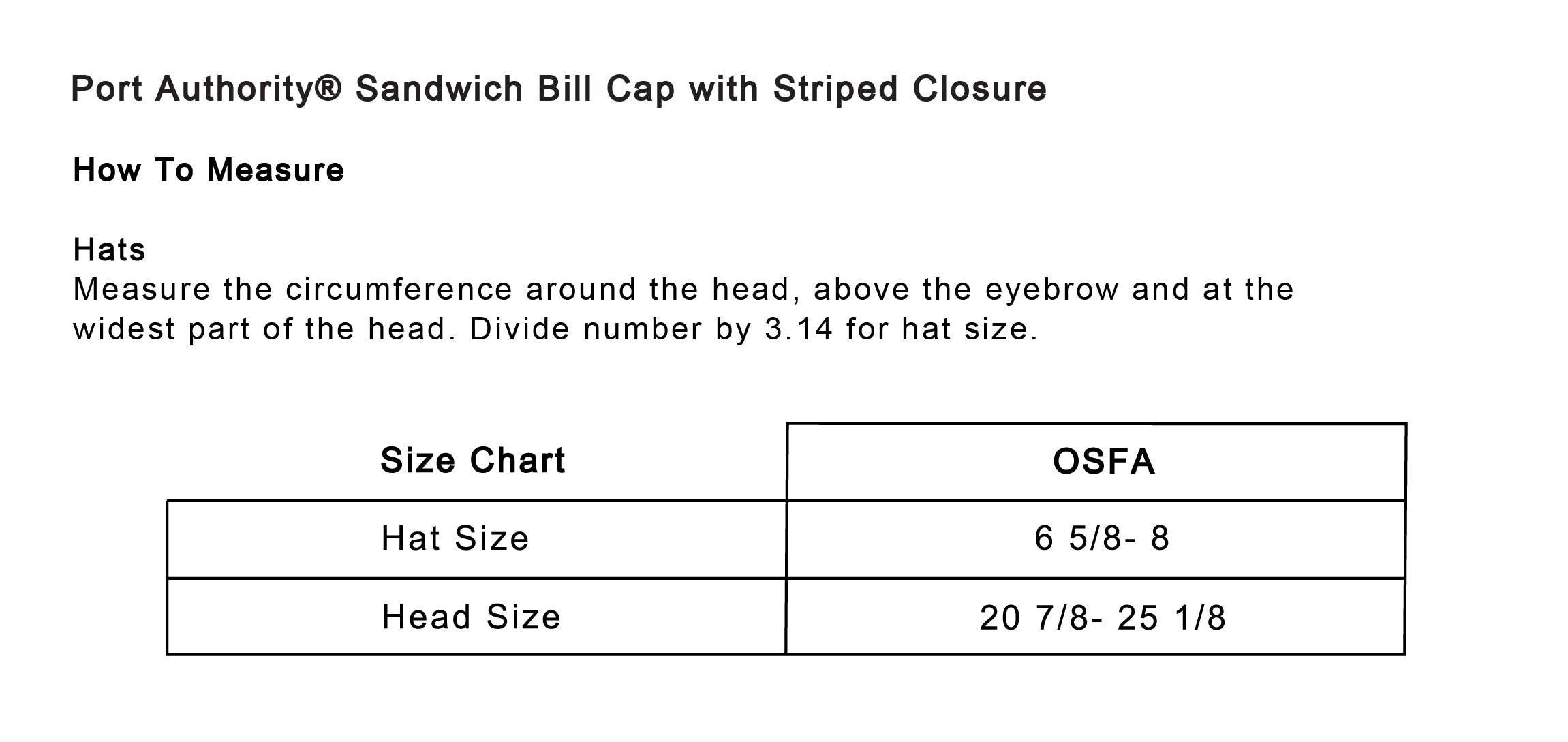 Old Dominion University, ODU Military - Military Logo, Sandwich Bill Cap with Striped Closure - Size Chart