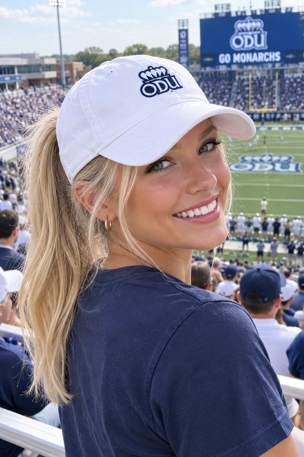 Old Dominion University, ODU Crown, Women's Pigment-Dyed with Fashion Undervisor Cap White pony tail hole