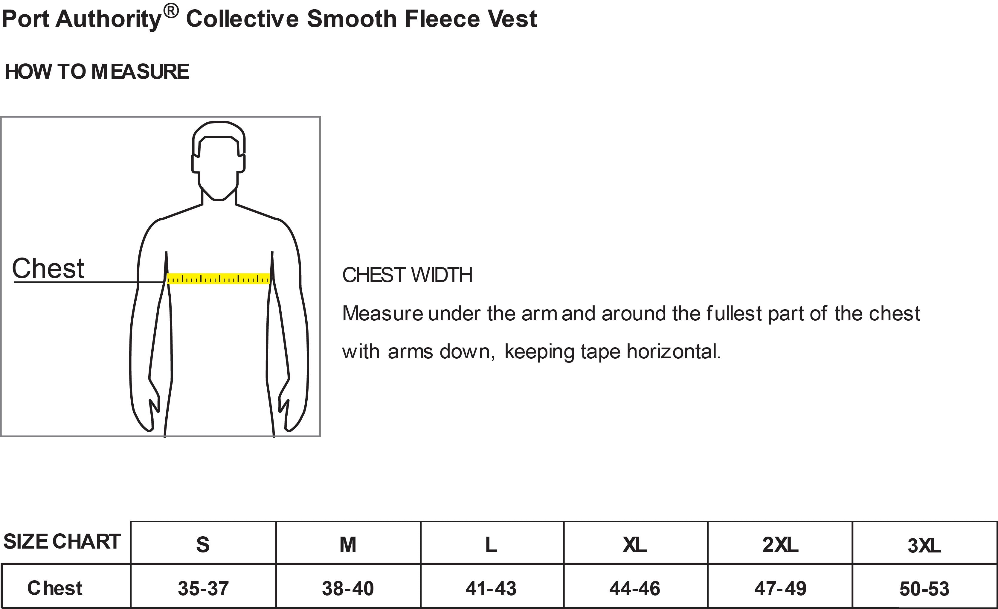 Old Dominion University, ODU, Port Authority® Collective Smooth Fleece Vest - Size Chart