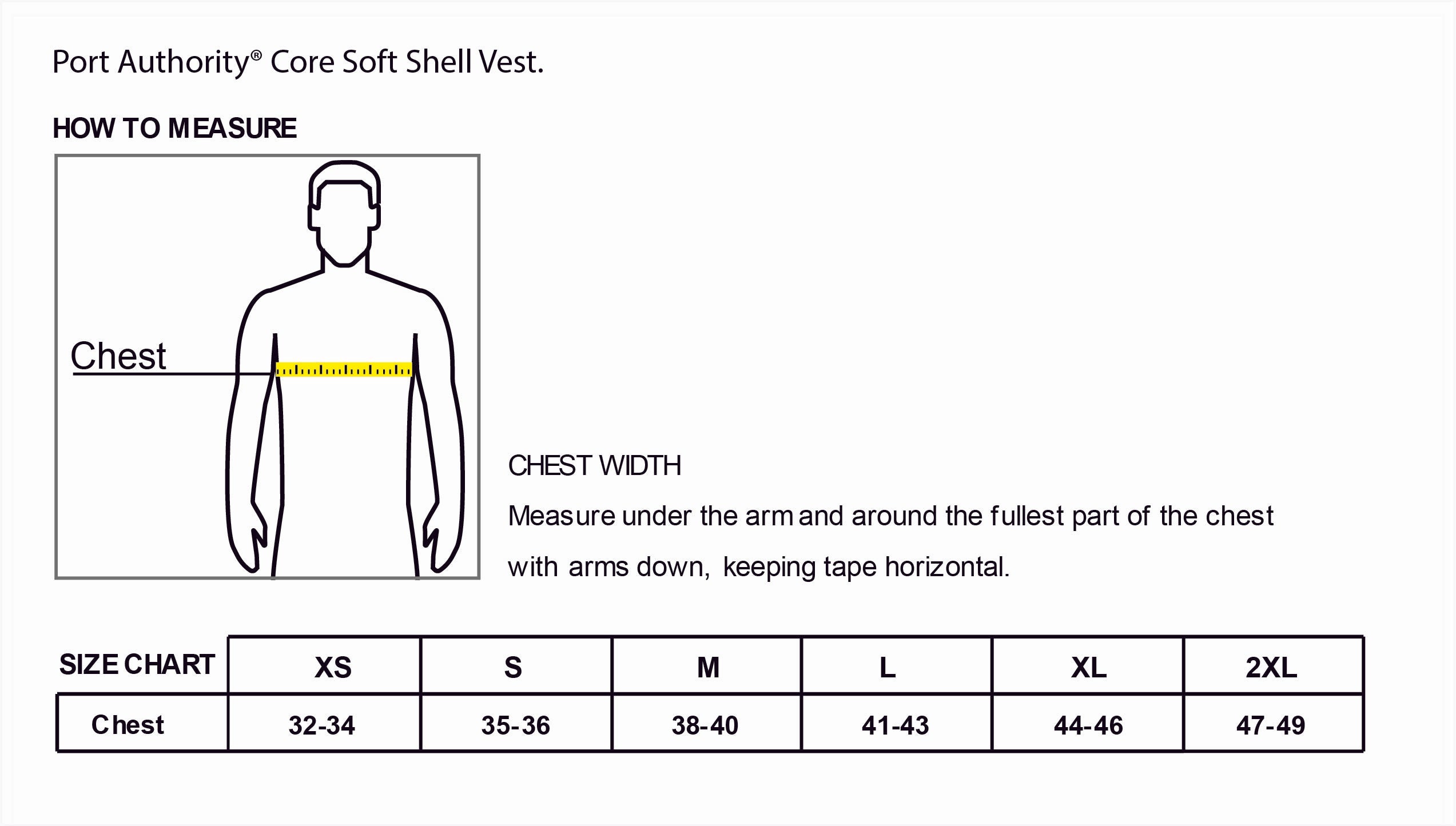 Old Dominion University, Port Authority® Core Soft Shell Vest - Size Chart