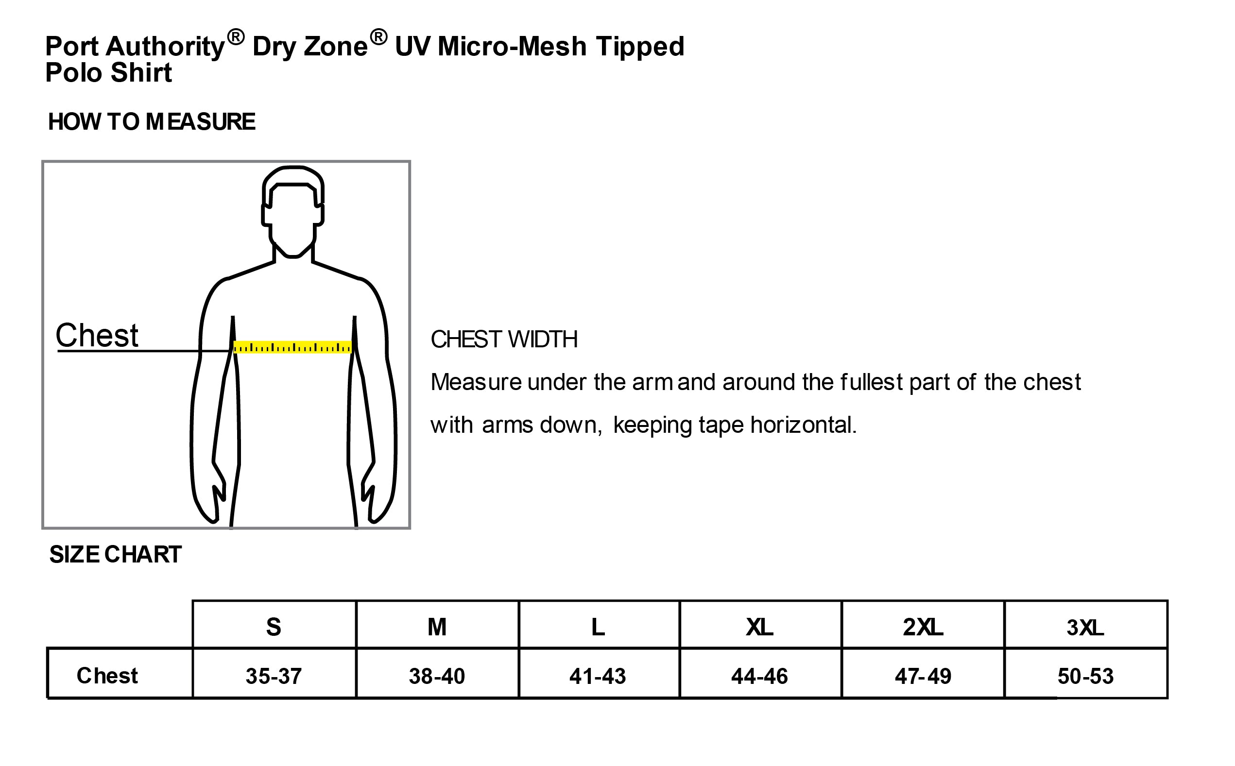 Old Dominion University, ODU, Vintage, Alumni, Port Authority® Dry Zone® UV Micro-Mesh Tipped Polo Shirt - Size Chart