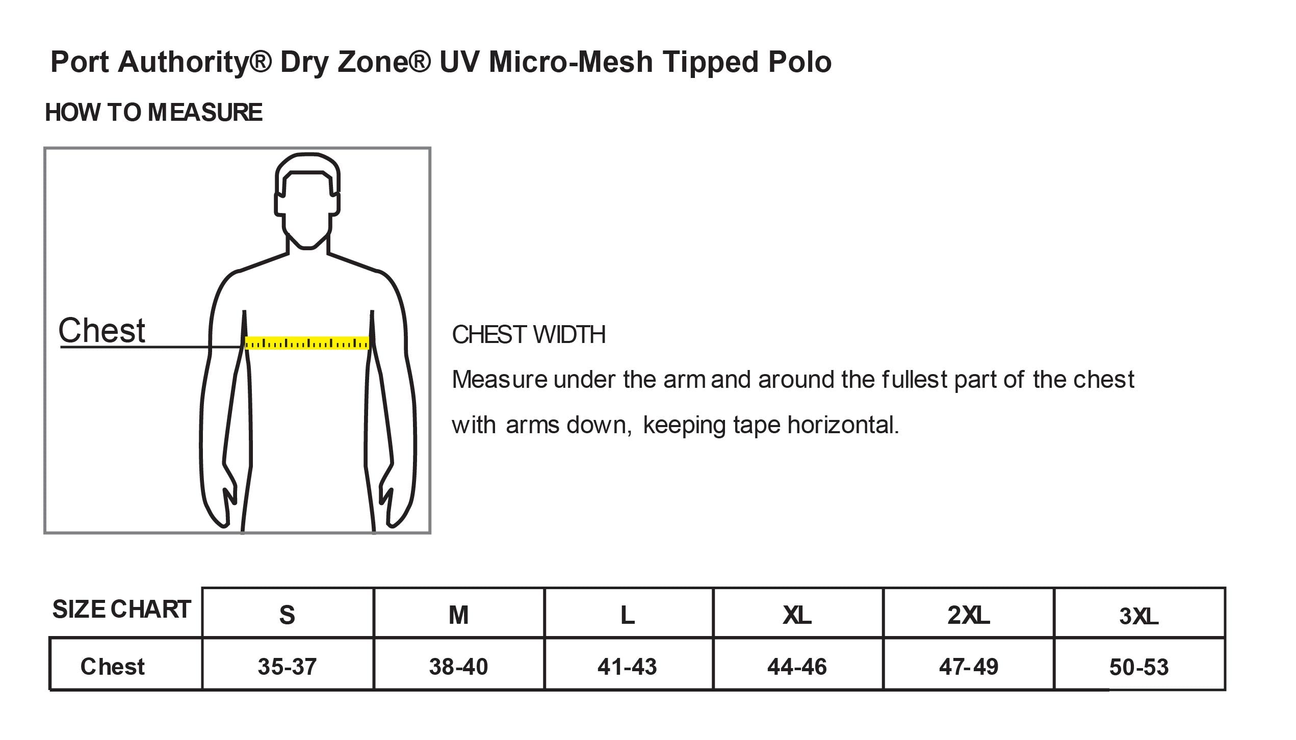 Old Dominion University, ODU Military - Navy ROTC, UV Micro-Mesh Tipped Polo - Size Chart