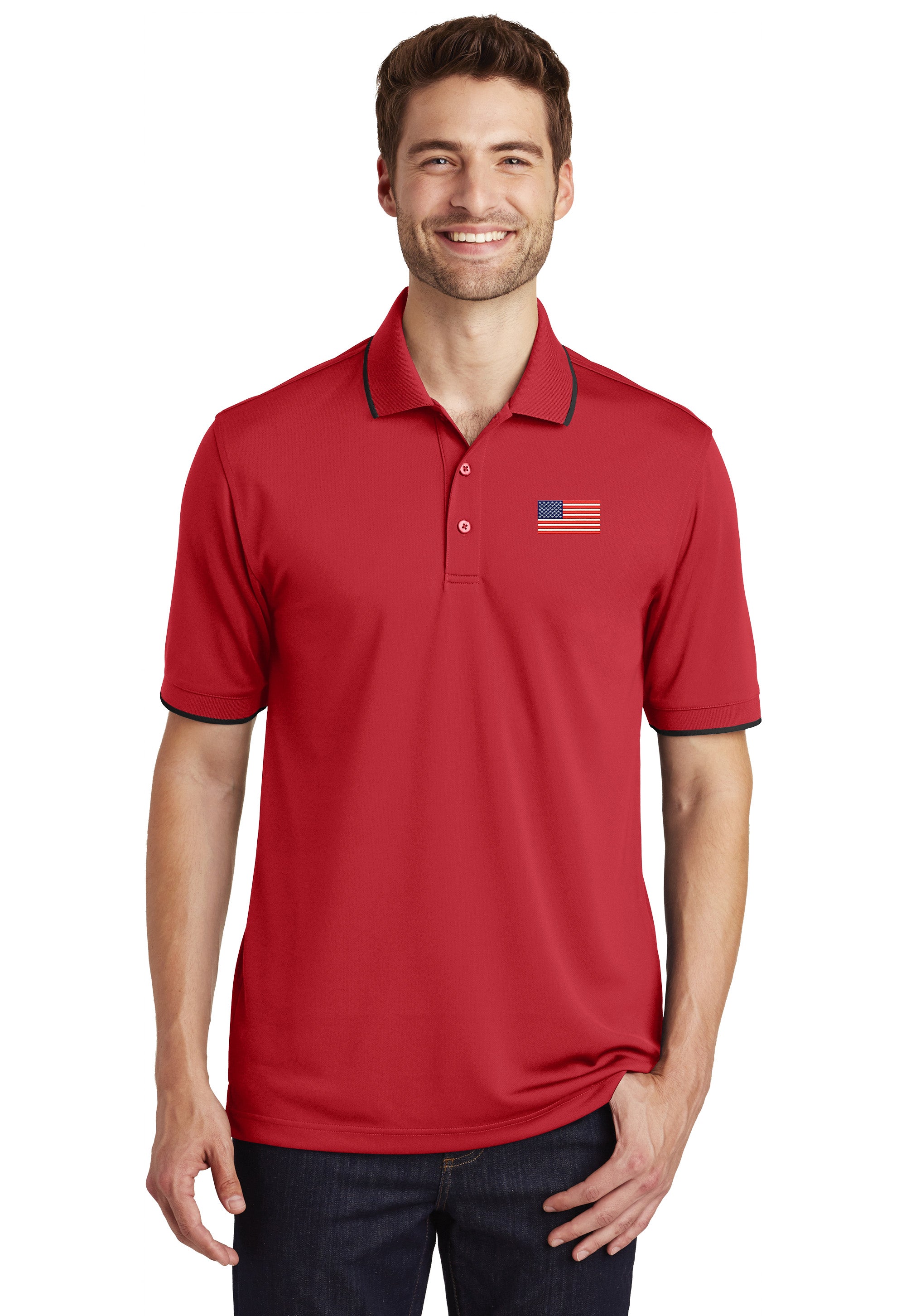 American Flag, Dry Zone® UV Micro-Mesh Tipped Polo - Red