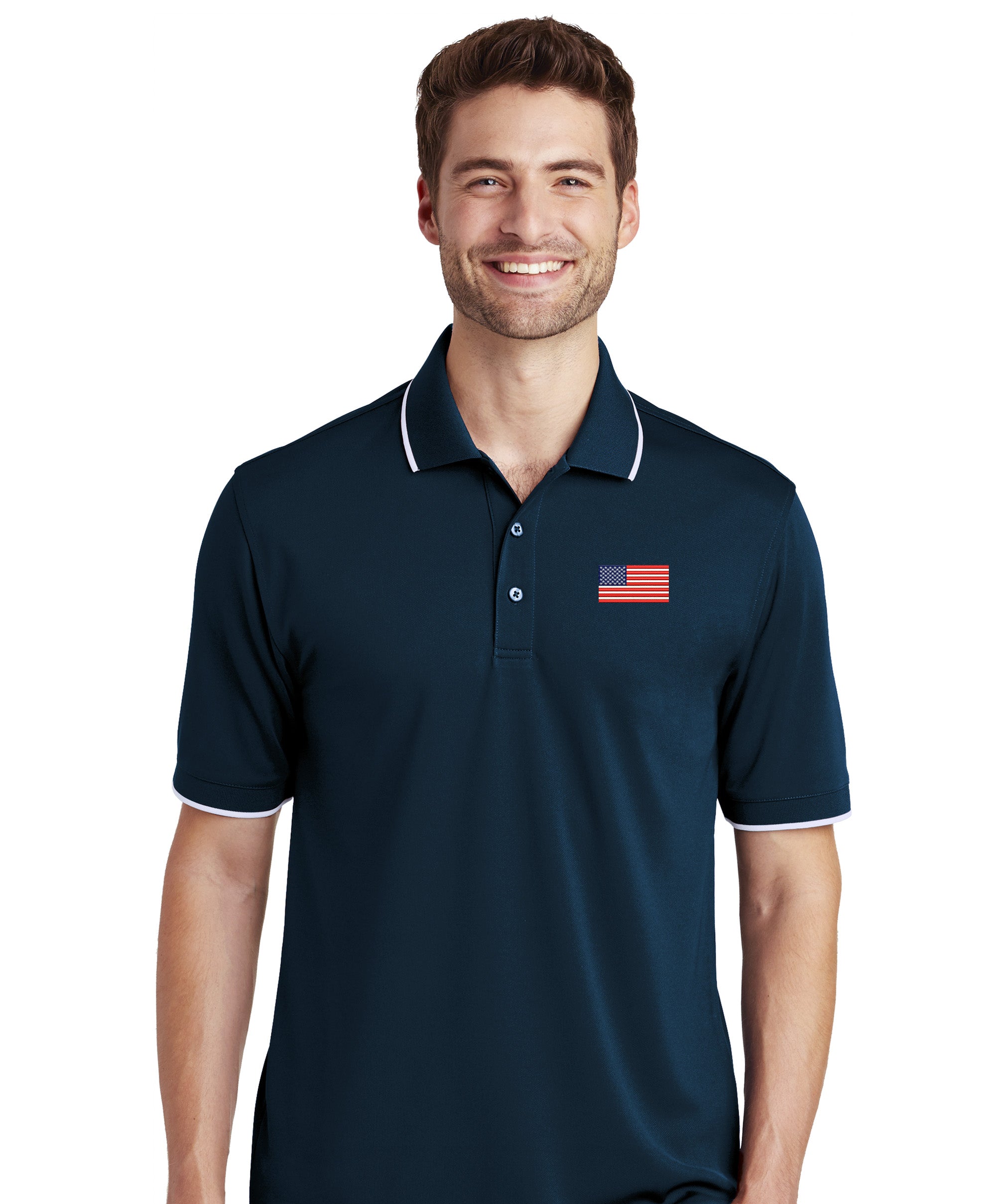 American Flag, Dry Zone® UV Micro-Mesh Tipped Polo - Navy