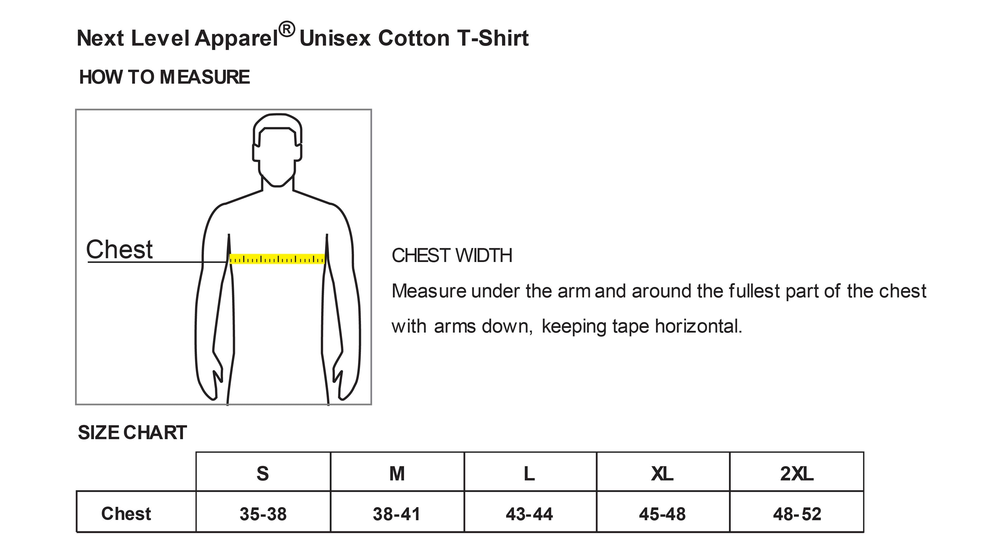 Old Dominion University, Nurse Anesthesia, Next Level Apparel® Unisex Cotton Tee - Size Chart
