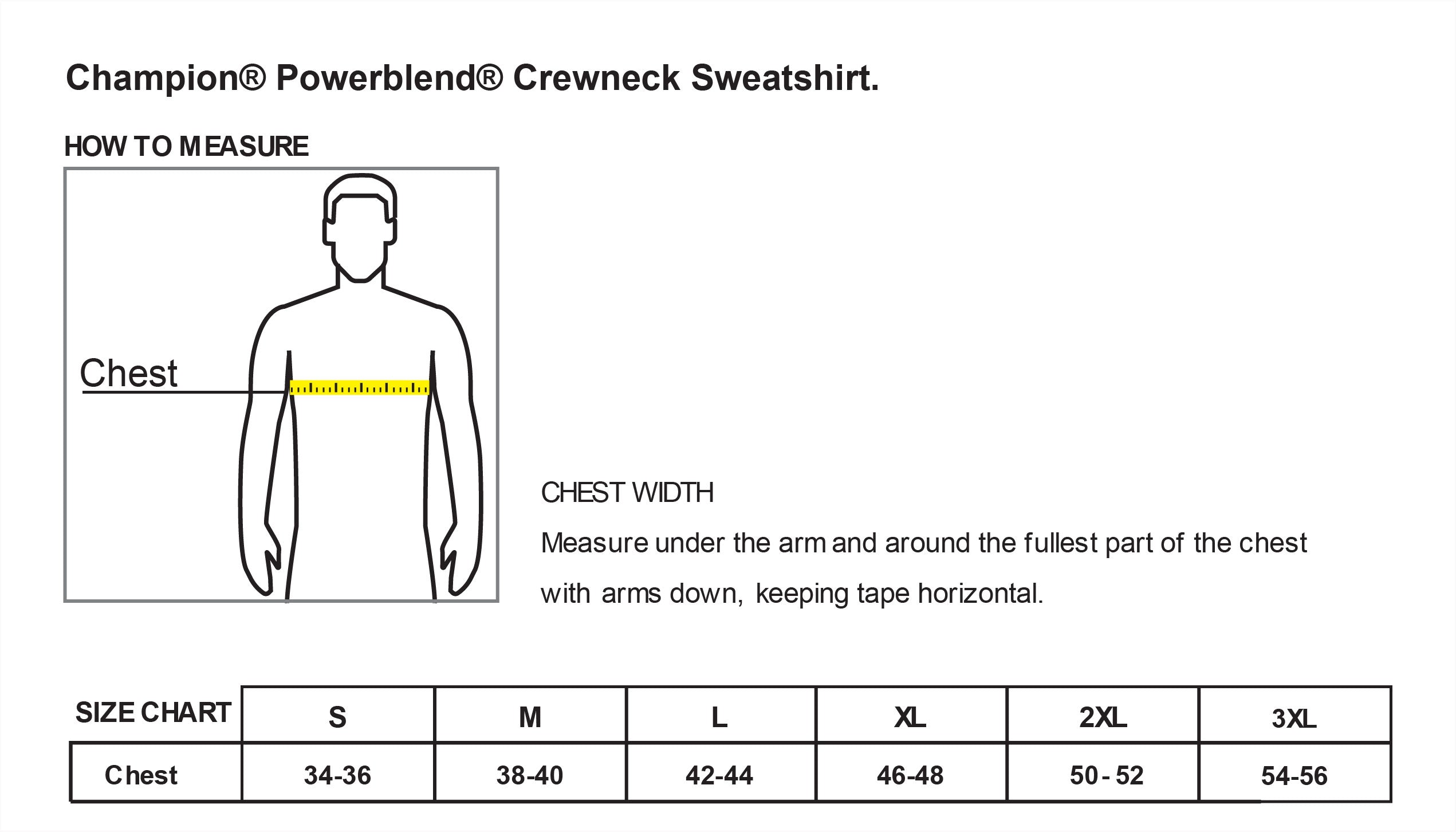 Old Dominion University, ODU Military, Military - Alumni, Champion® Powerblend® Crewneck Sweatshirt - Size Chart