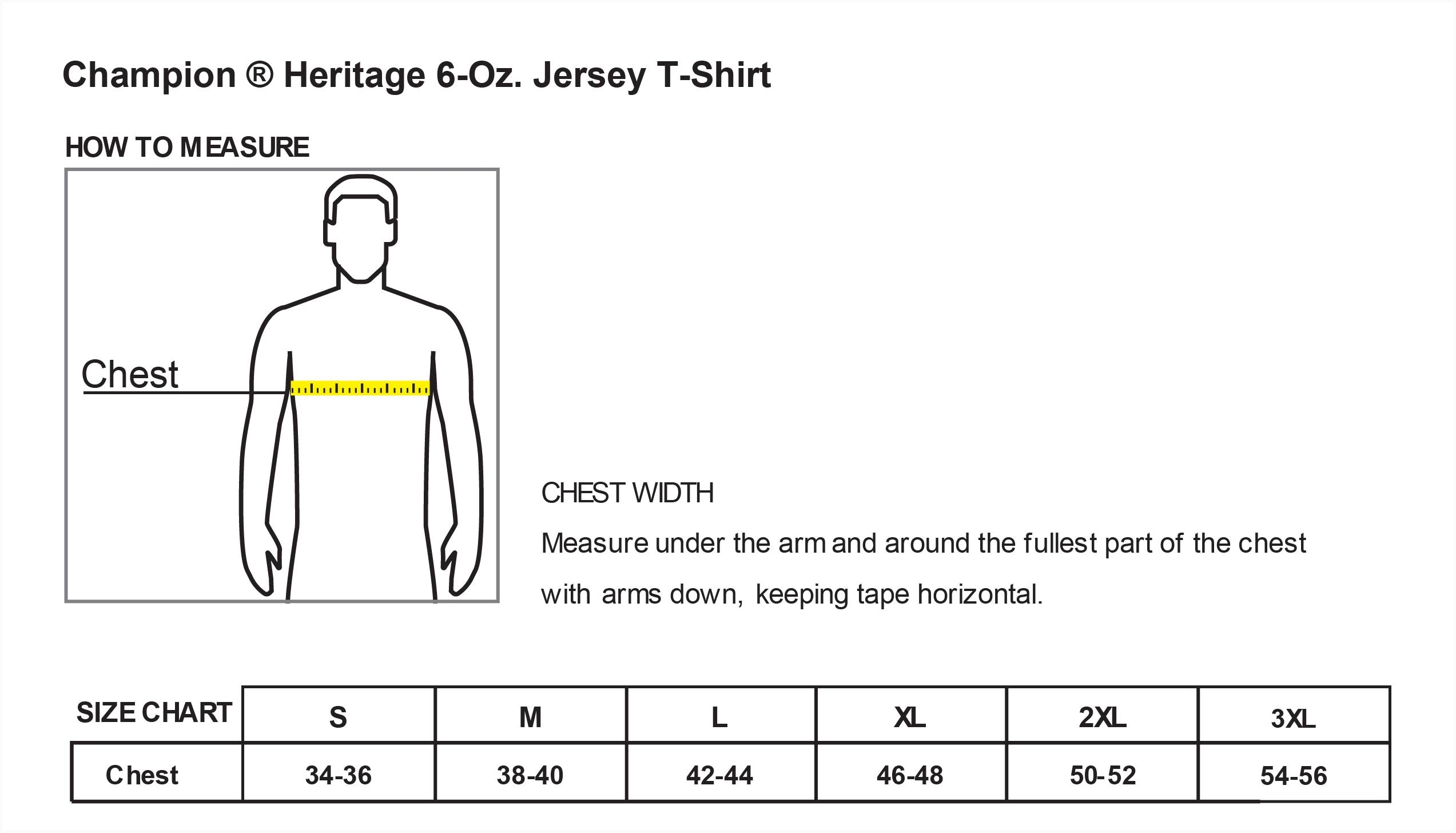 Old Dominion University, ODU Military - Military Logo, Champion ® Heritage 6-Oz. Jersey T-Shirt - Size Chart