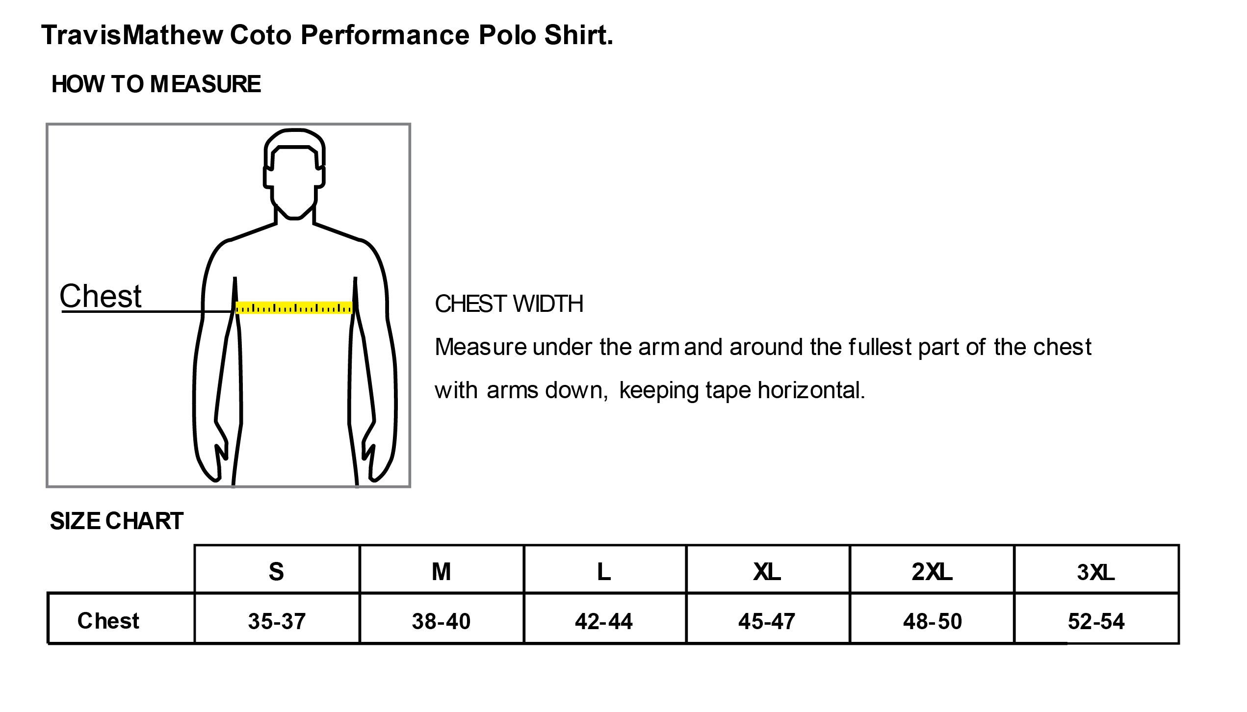 Old Dominion University, ODU Logo, TravisMathew Coto Performance Polo - Size Chart