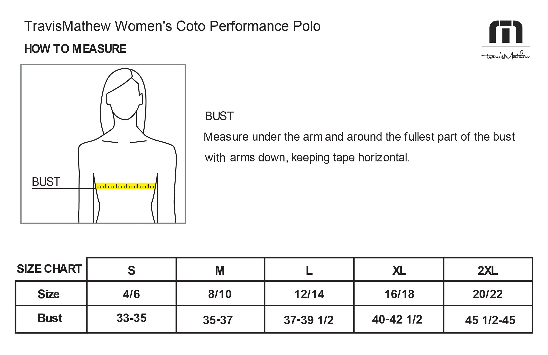 Old Dominion University, ODU Military - Navy ROTC, TravisMathew Women's Coto Performance Polo - Size Chart