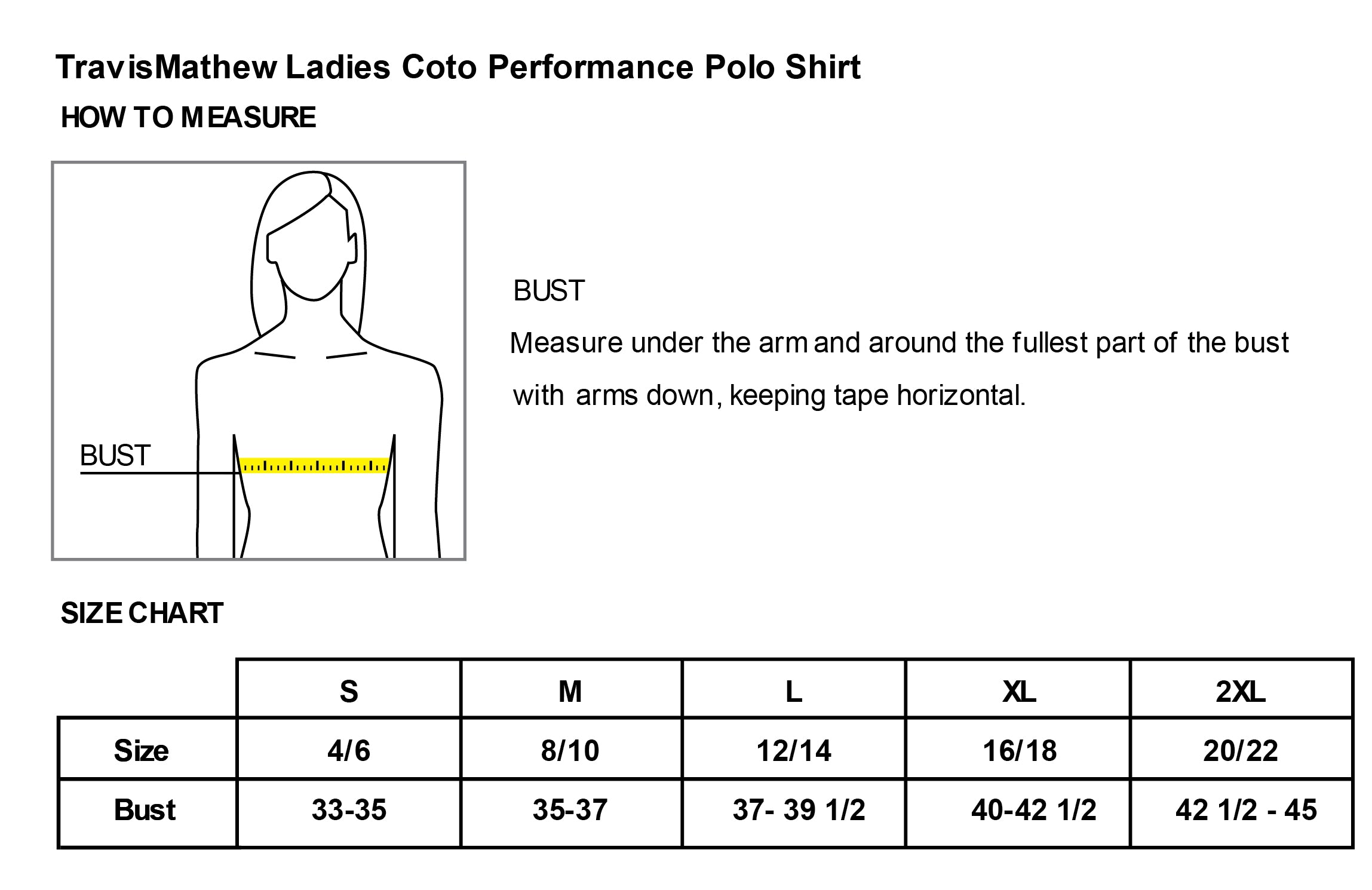 Old Dominion University, ODU TravisMathew Ladies Coto Performance Polo - Size Chart